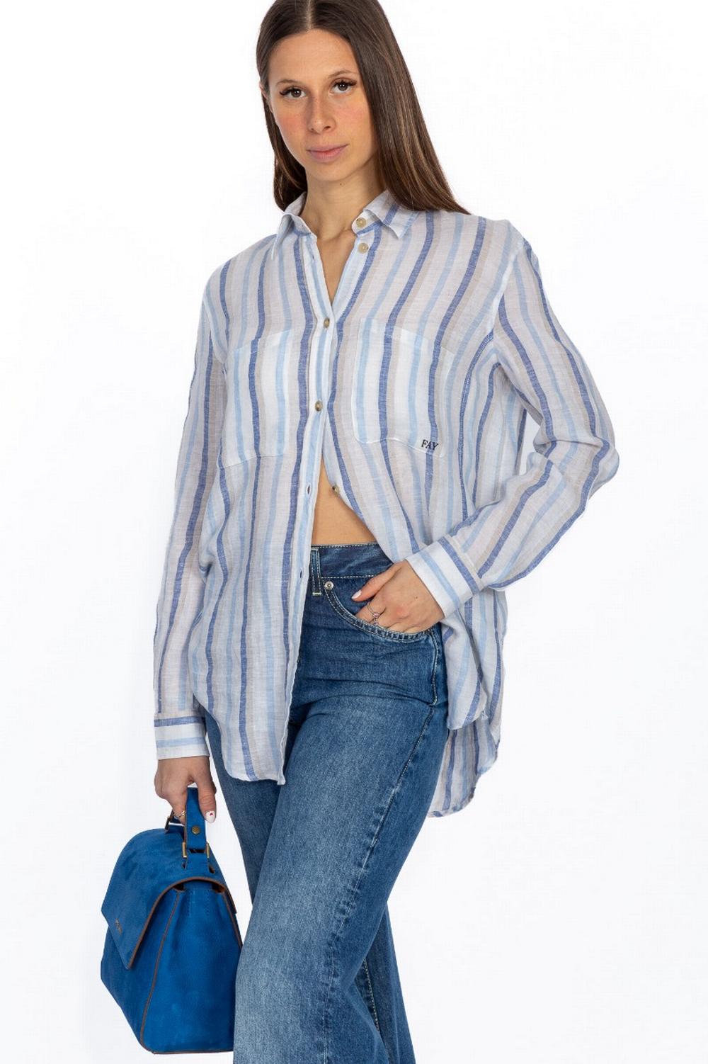 Fay - Camicia in Lino a Righe Bianco/Azzurro - NCWA146568LVAH008P